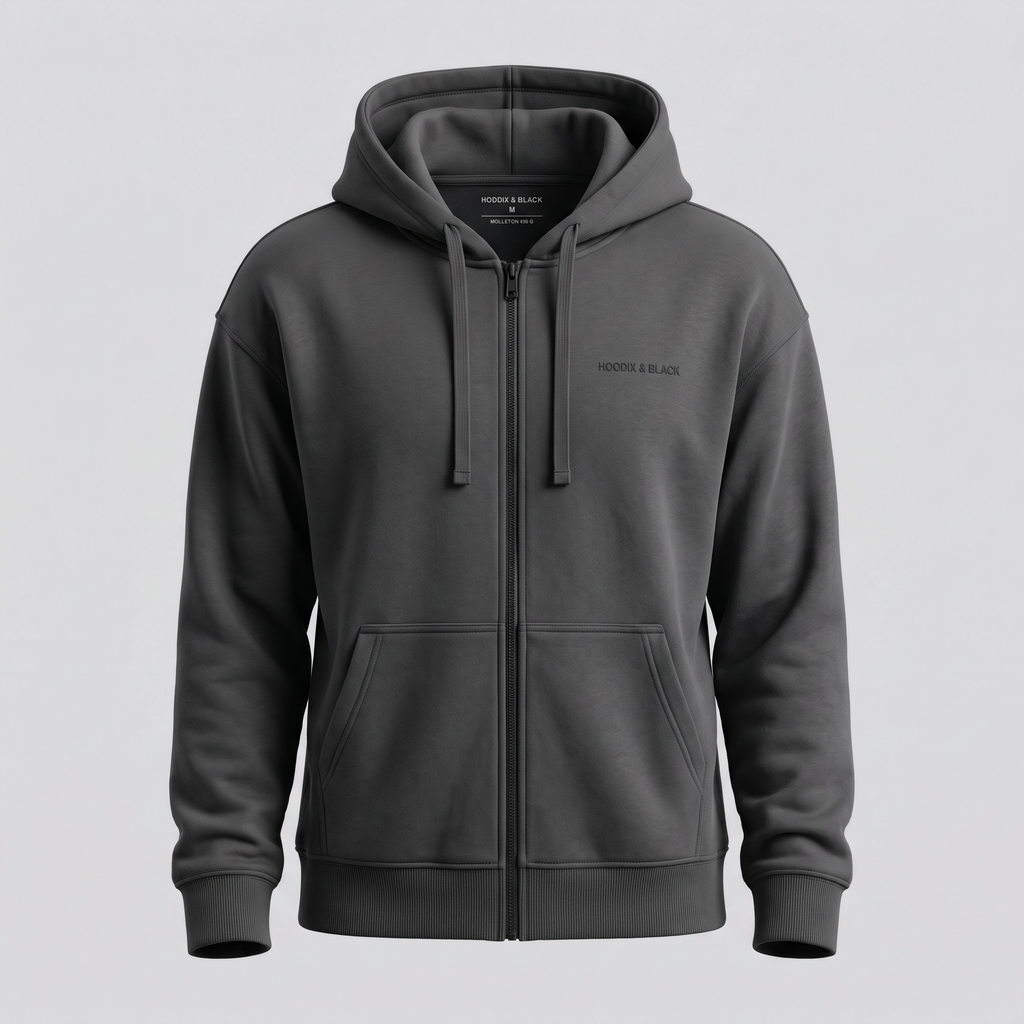 Hoodie zippé lourd, charbon, vue de face — HOODIX & BLACK