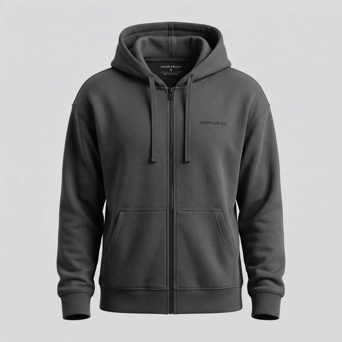 Hoodie zippé lourd, charbon, vue de face — HOODIX & BLACK