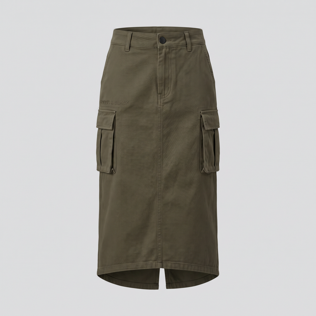 Jupe cargo midi, kaki fumé, vue de face — HOODIX & BLACK