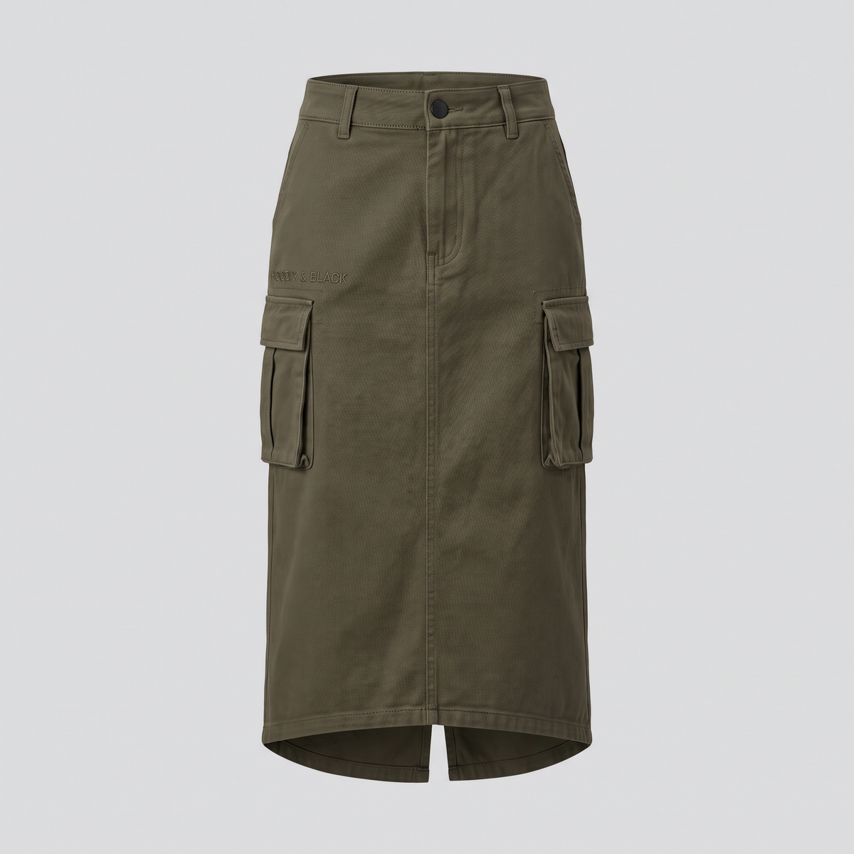 Jupe cargo midi, kaki fumé, vue de face — HOODIX & BLACK