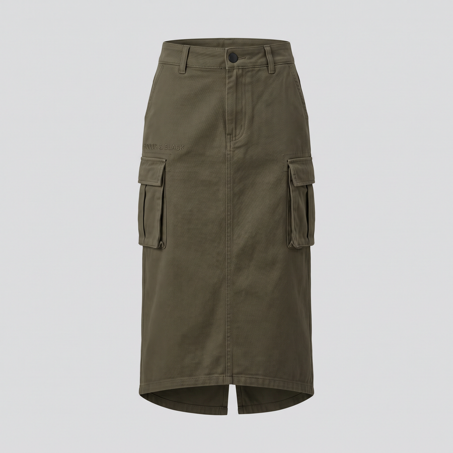 Jupe cargo midi, kaki fumé, vue de face — HOODIX & BLACK