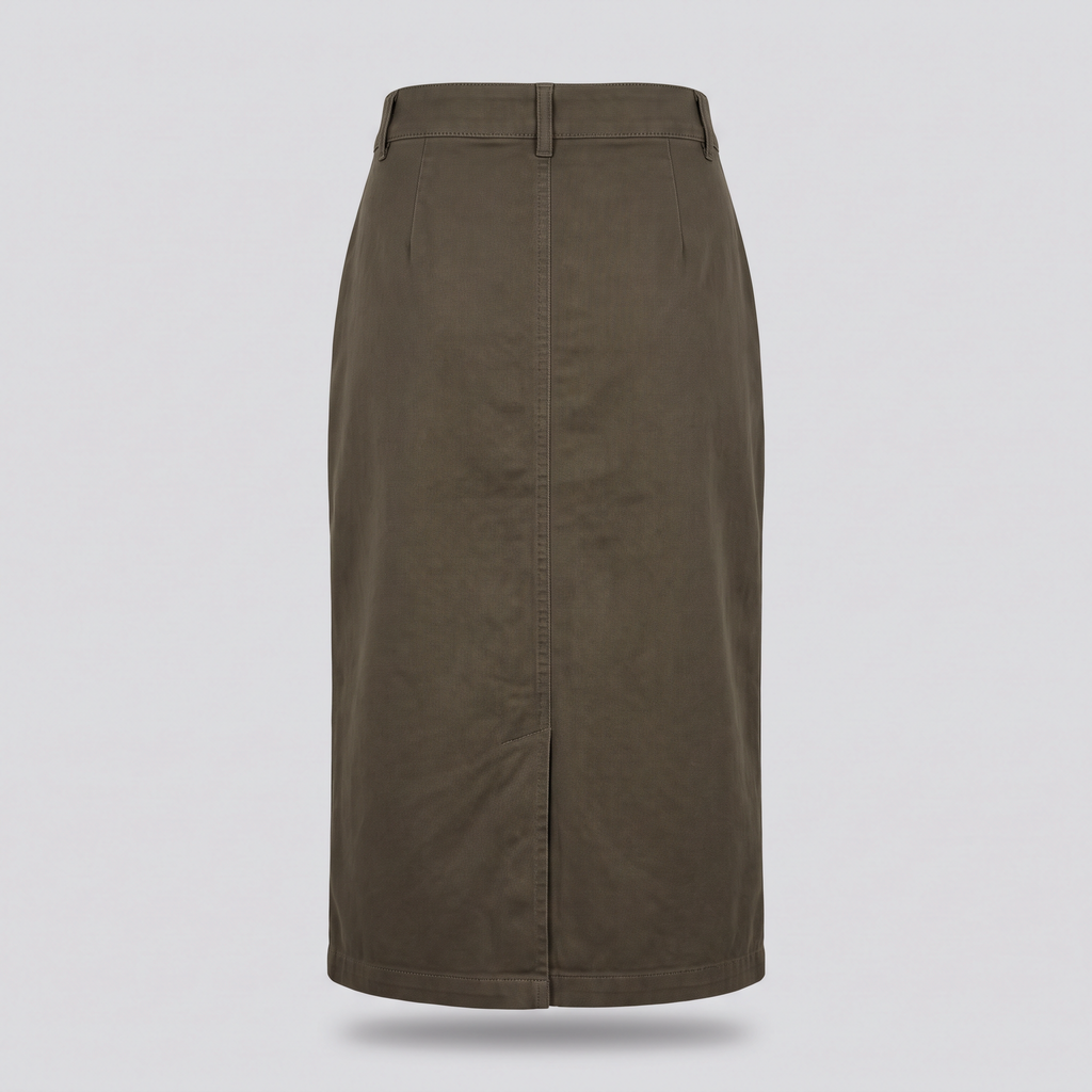 Jupe cargo midi, kaki fumé, vue de dos — HOODIX & BLACK