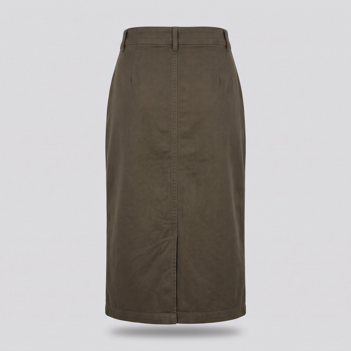 Jupe cargo midi, kaki fumé, vue de dos — HOODIX & BLACK