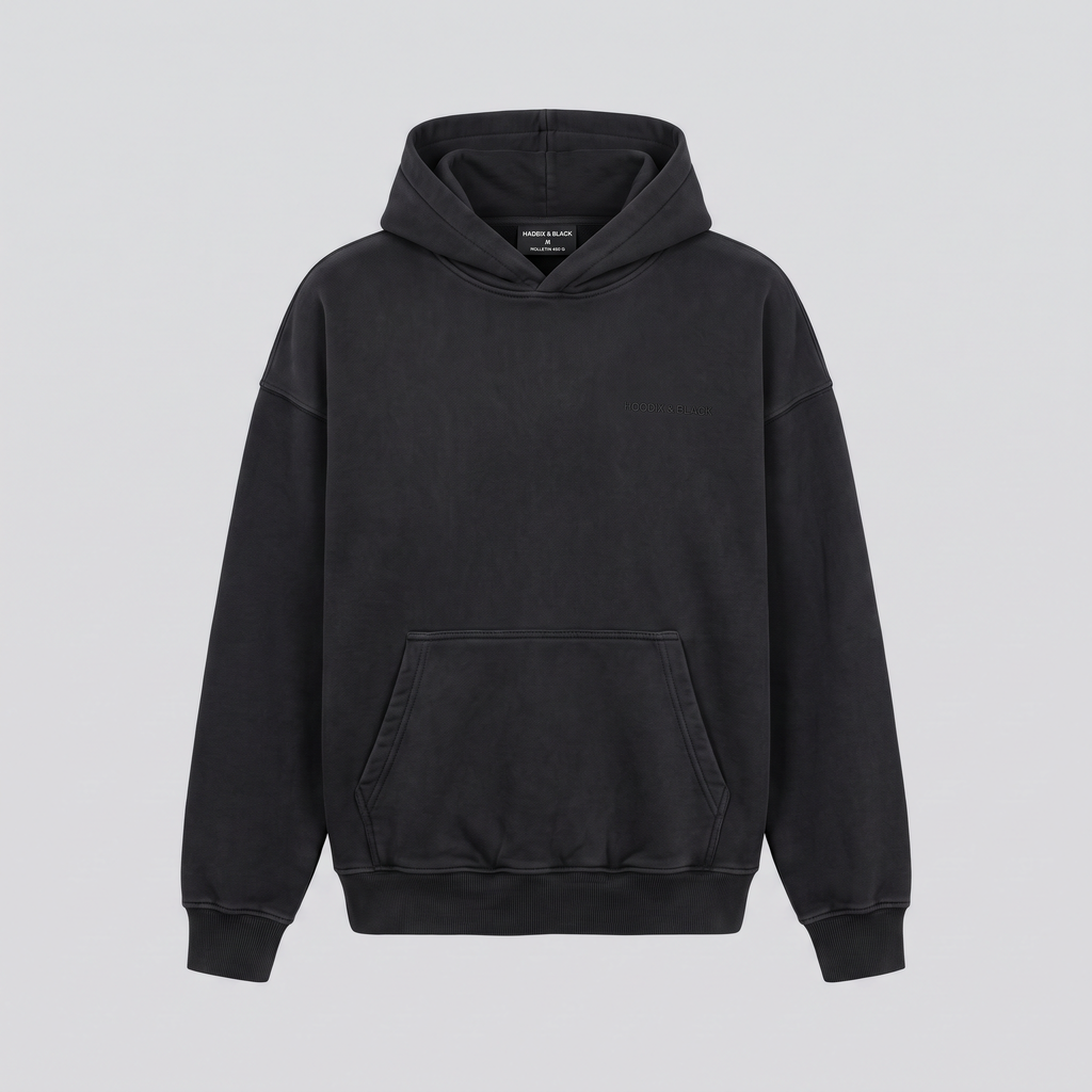 Sweat à capuche oversize, noir délavé, vue de face — HOODIX & BLACK