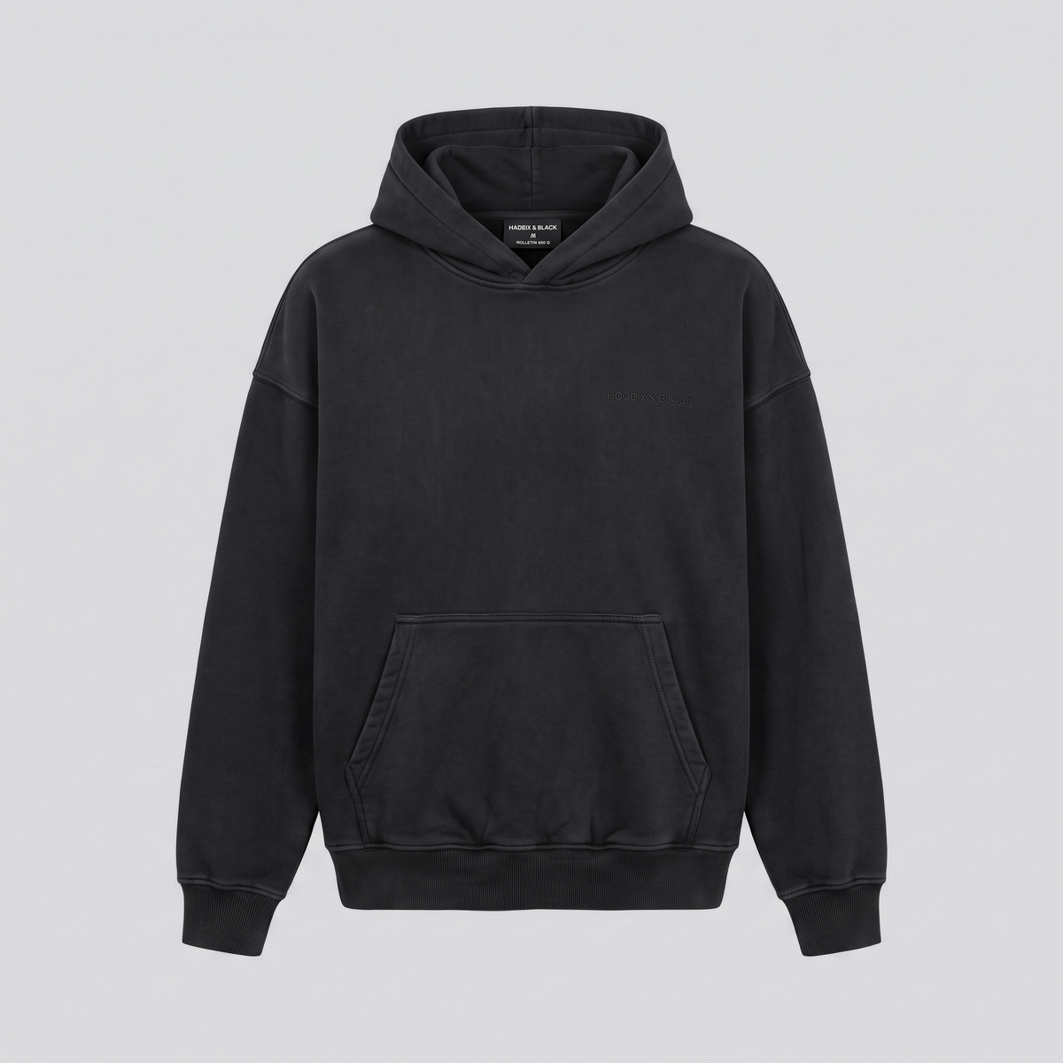 Sweat à capuche oversize, noir délavé, vue de face — HOODIX & BLACK