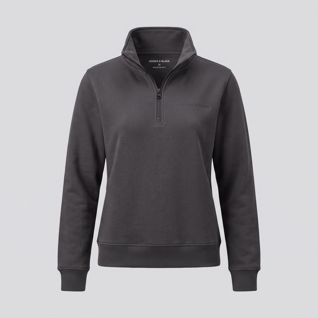 Sweat col cheminée zippé, anthracite, vue de face — HOODIX & BLACK
