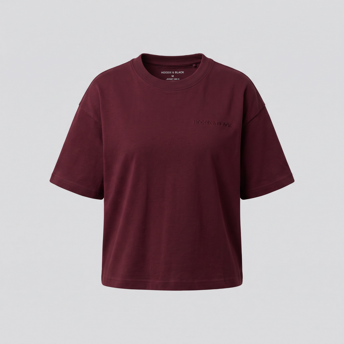 T-shirt boxy épais, lie-de-vin, vue de face — HOODIX & BLACK