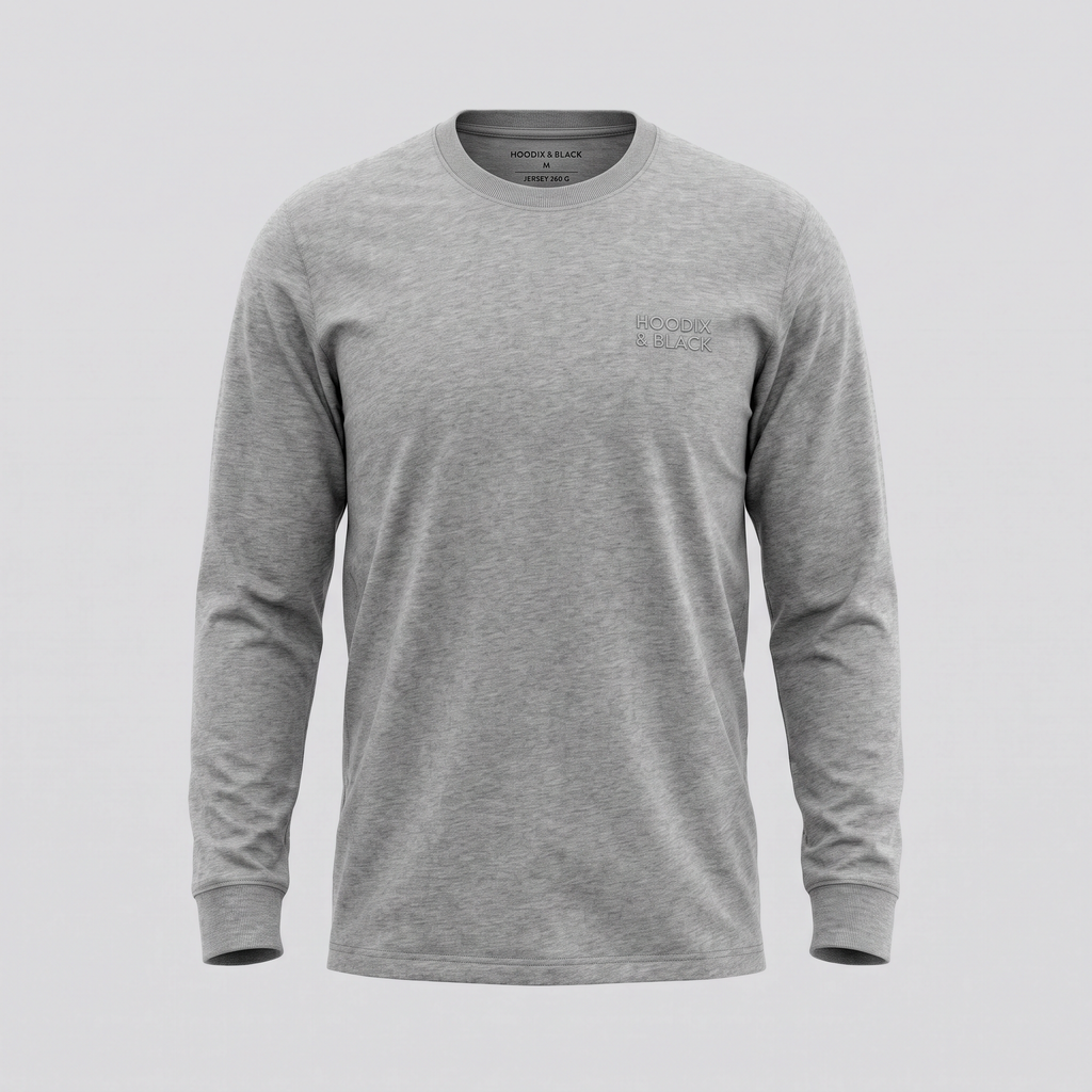 T-shirt manches longues, gris chiné, vue de face — HOODIX & BLACK