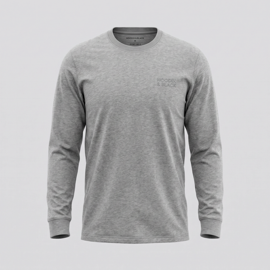 T-shirt manches longues, gris chiné, vue de face — HOODIX & BLACK