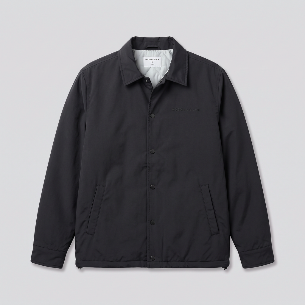 Veste coach en nylon, noir, vue de face — HOODIX & BLACK