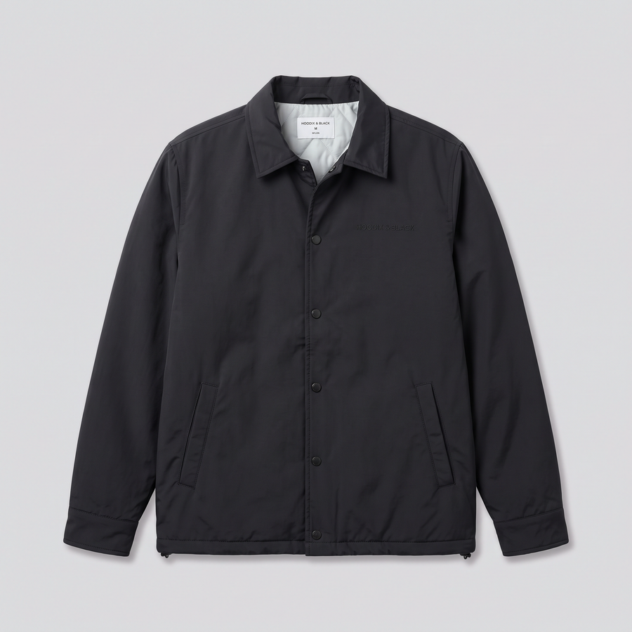 Veste coach en nylon, noir, vue de face — HOODIX & BLACK